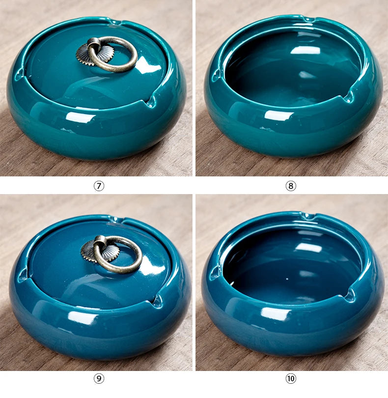 Round Ceramic Ashtray Living Room Anti Fly Ash with Lid